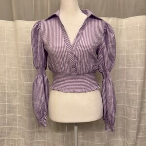 Zara Purple Gingham Seersucker Smocked Crop Top Puff Sleeve XS